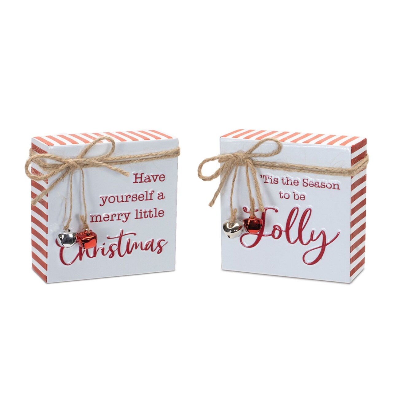 Melrose Christmas Sentiments Tabletop Signs with Jingle Bells - 4" - Set of 2